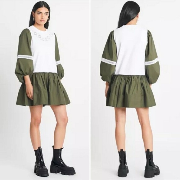 Tanya Taylor Kirstie Puff Sleeve Drop Waist Round Neck Cotton Mini Dress Size XS - Picture 1 of 16